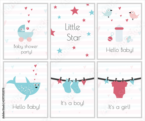 Little baby invitation set, postcard. Baby shower party