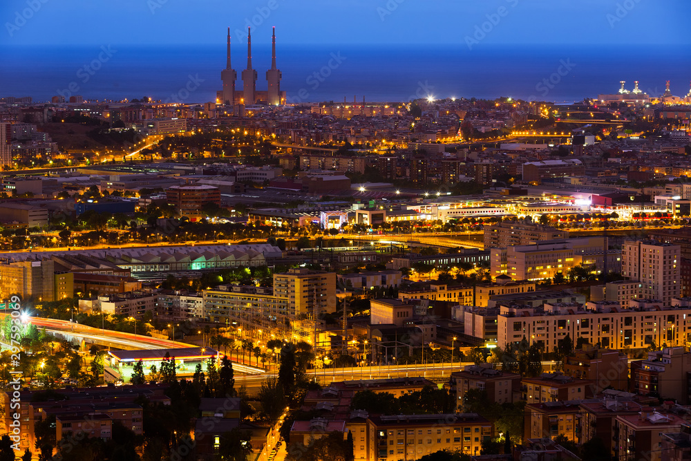 Aerial view of illuminated Barcelona