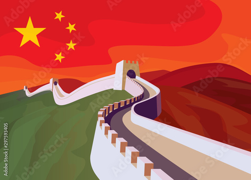 The great Wall of China with chinese flag in the sky. China politics illustration concept.