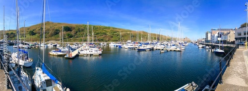 Panorama of Peel Harbour and yacht marina, Isle of Man, british Isles