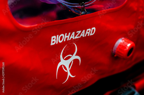 Close-up biohazard sign on rescue equipment