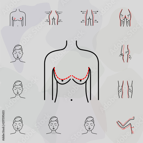 Breast lift, woman icon. Universal set of plastic surgery, epilation for website design and development, app development