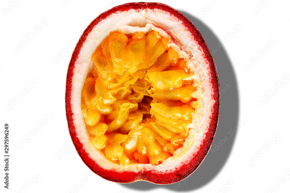 Passion fruit half with shadow isolated white background. Top view. Passion fruit half with shadow isolated white background. Top view.
