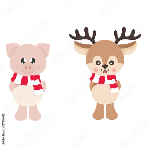 cartoon cute deer with scarf and winter pig vector