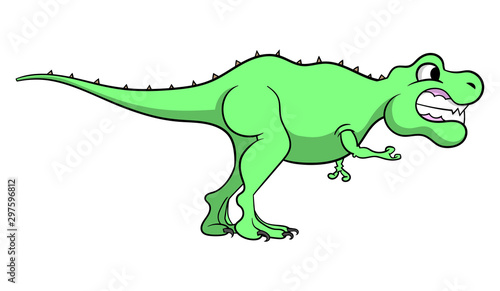 Cartoon style illustration of a T-Rex dinosaur walking and grinning - side view