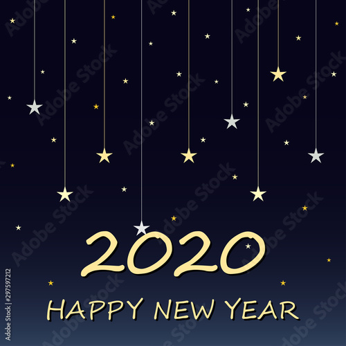 Happy New Year 2020 concept with golden numbers and the inscription on a dark blue gradient background with stars.