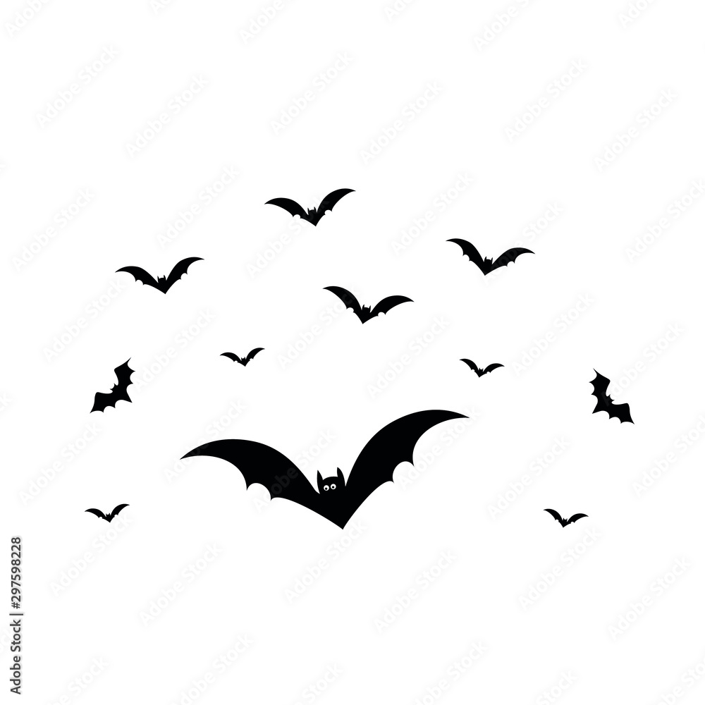 Naklejka premium Black bats swarm isolated on white vector Halloween background. Silhouettes of flying bats traditional Halloween symbols on white.