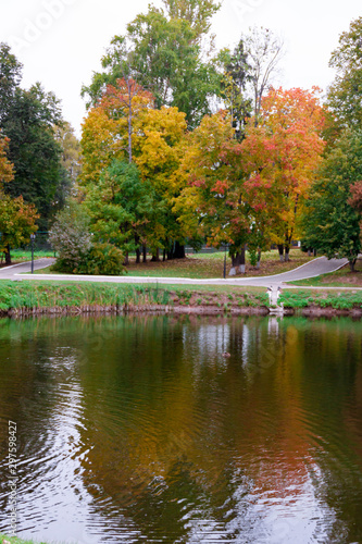 Russia, Marfino, 29 September 2019: Old pond of Gothic Old Moscow Noble count manor Marfino