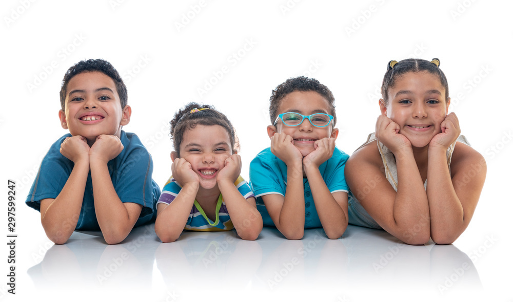 Obraz premium Happy Kids Laying on the Floor Posing for Photo