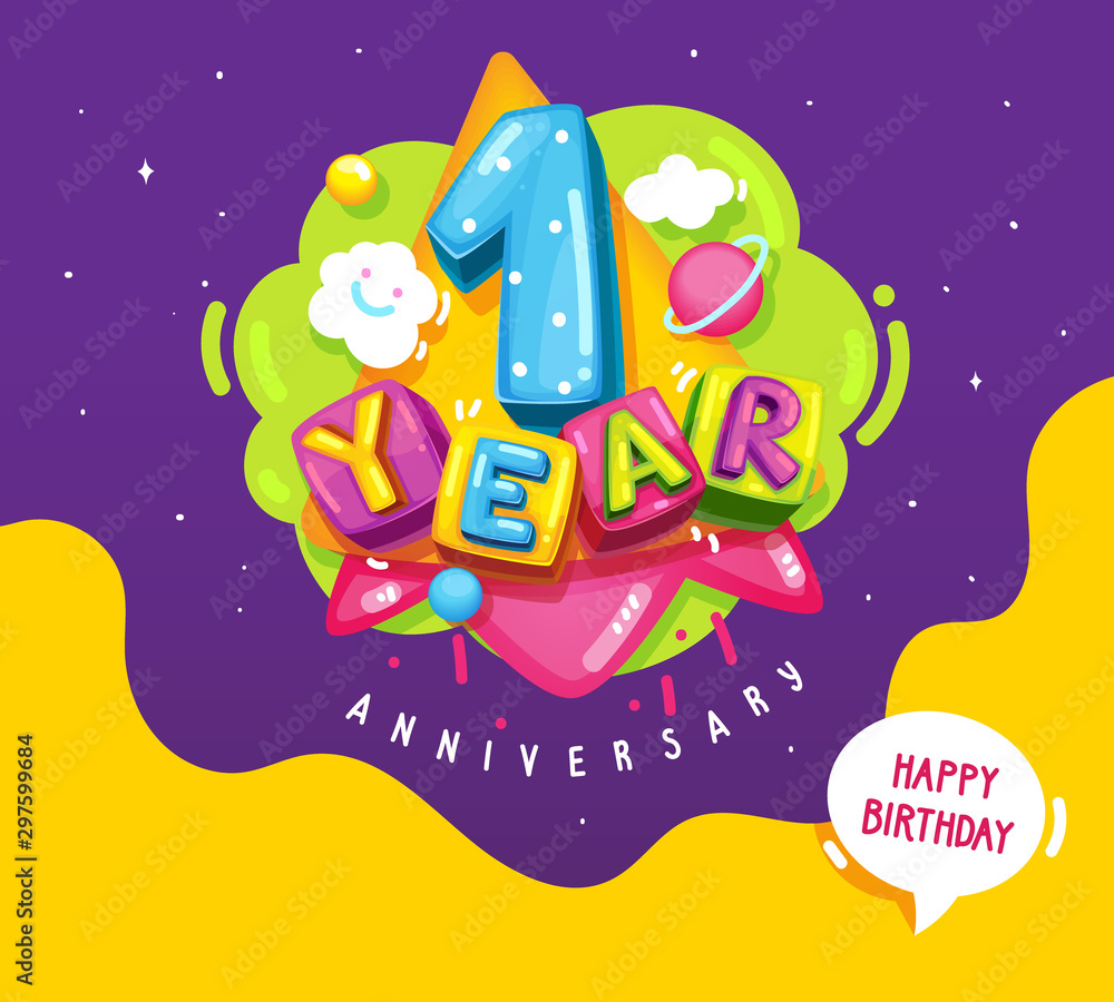 1 year anniversary cartoon kids illustration. vector color poster for baby