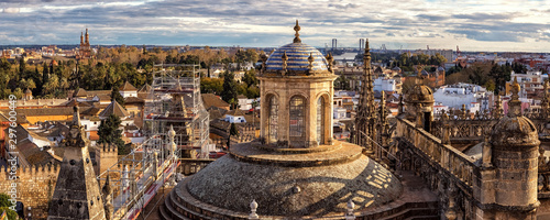 Panoramic View on Cathedral and Sevilla from former Minaret La Giralda, Spain photo