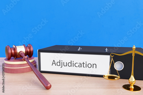 Valokuvatapetti Adjudication – Folder with labeling, gavel and libra – law, judgement, lawyer