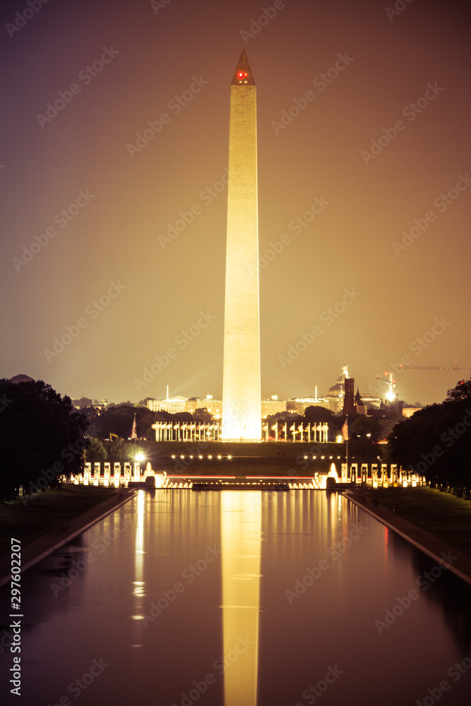 The Washington Monument at night with its image reflected in the National Mall reflecting pool.