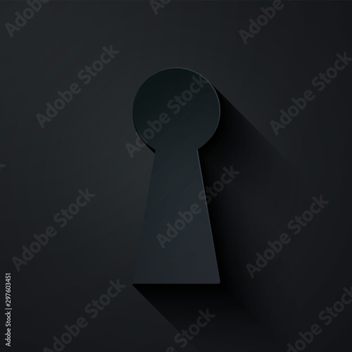 Paper cut Keyhole icon isolated on black background. Key of success solution. Keyhole express the concept of riddle, secret, safety, security. Paper art style. Vector Illustration
