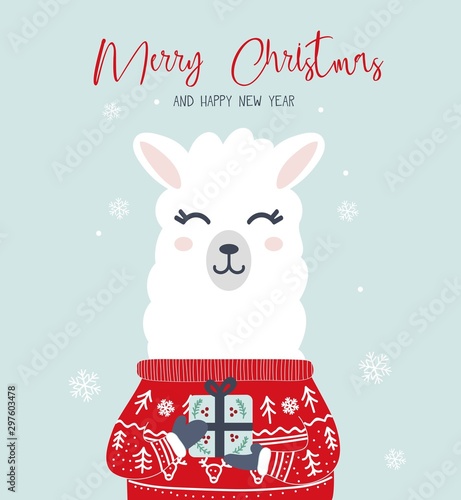 Merry Christmas and Happy New Year greeting card with llama vector illustration. Winter holiday postcard decorated by Xmas animal in sweater holding present box, snowflakes on blue background