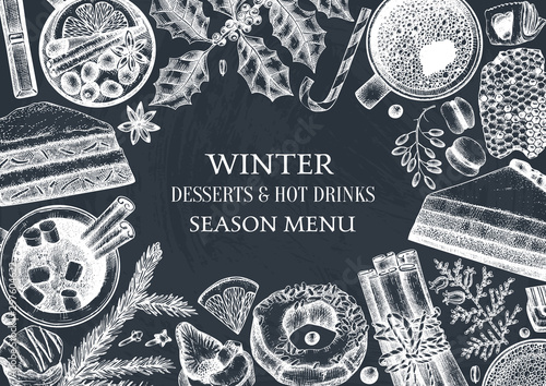 Winter desserts and hot seasonal drinks design. Mulled wine, hot chocolate, coffee, tea and sweet baking illustrations. Hand drawn winter food and drinks sketches. Christmas bar menu 