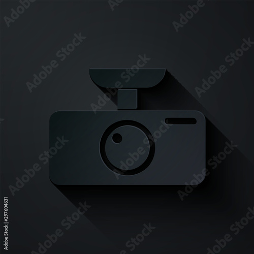 Paper cut Car DVR icon isolated on black background. Car digital video recorder icon. Paper art style. Vector Illustration