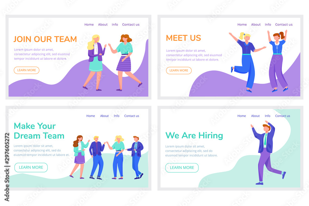 Employee recruitment landing page vector templates set. Join our team website interface idea with flat illustrations. Headhunting homepage layout. Office work web banner, webpage cartoon concept Employee recruitment landing page vector templates set. Join our team website interface idea with flat illustrations. Headhunting homepage layout. Office work web banner, webpage cartoon concept