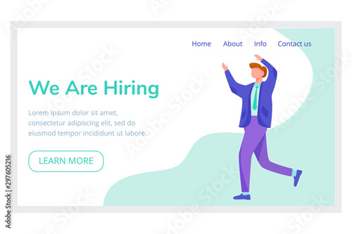 Fototapeta Naklejka Na Ścianę i Meble -  We are hiring landing page vector template. Recruiting website interface idea with flat illustrations. Human resource management homepage layout. Employment web banner, webpage cartoon concept