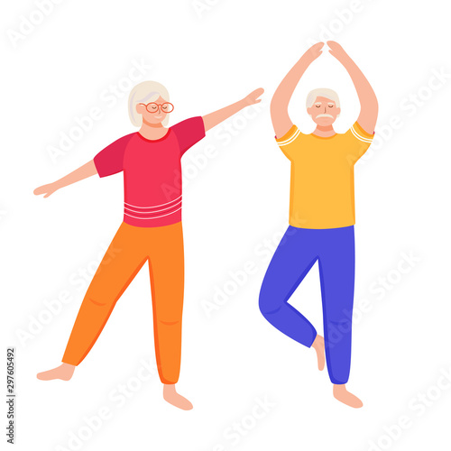 Retired people training flat vector illustration. Physical exercise. Healthy lifestyle. Old couple spends time together. Pensioners are doing yoga cartoon isolated characters on white background