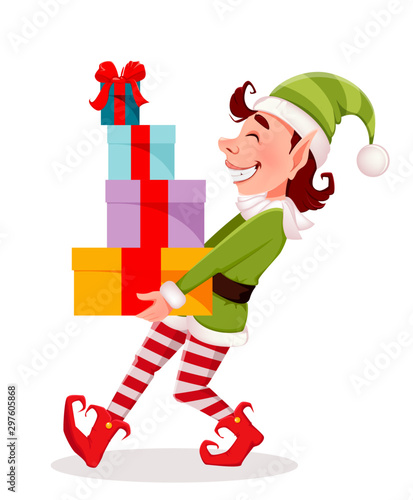 Merry Christmas. Funny Elf carries gift boxes
