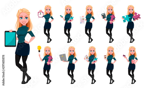 Young beautiful business woman, set