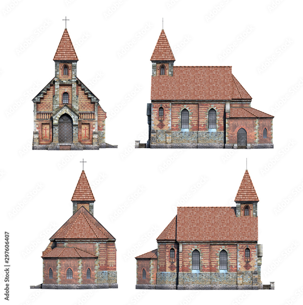 Set of 3d-renders of old cathedral