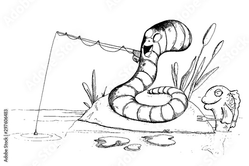 Worm is fishing and fish want to eat worm. Funny cartoon characters. Vector illustration