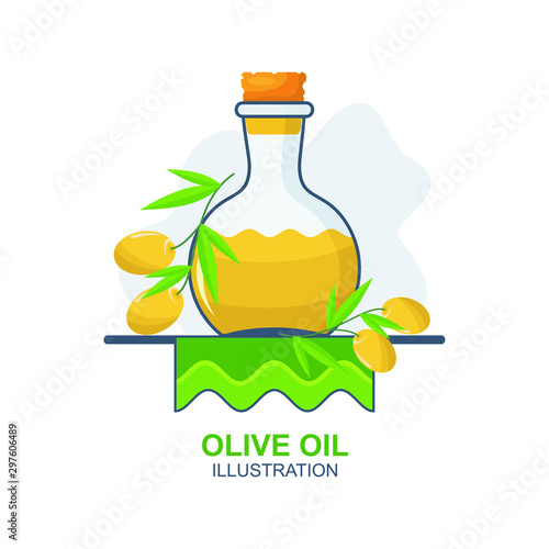 Olive Oil vector illustration design with glass bottle, sprig of olive fruit and leaf 