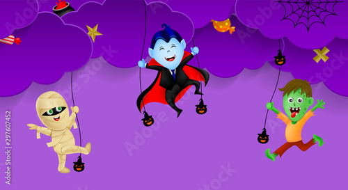 Halloween cartoon character with night clouds. Dracula, mummy and zombie. Illustration for banner, party invitation background, poster.