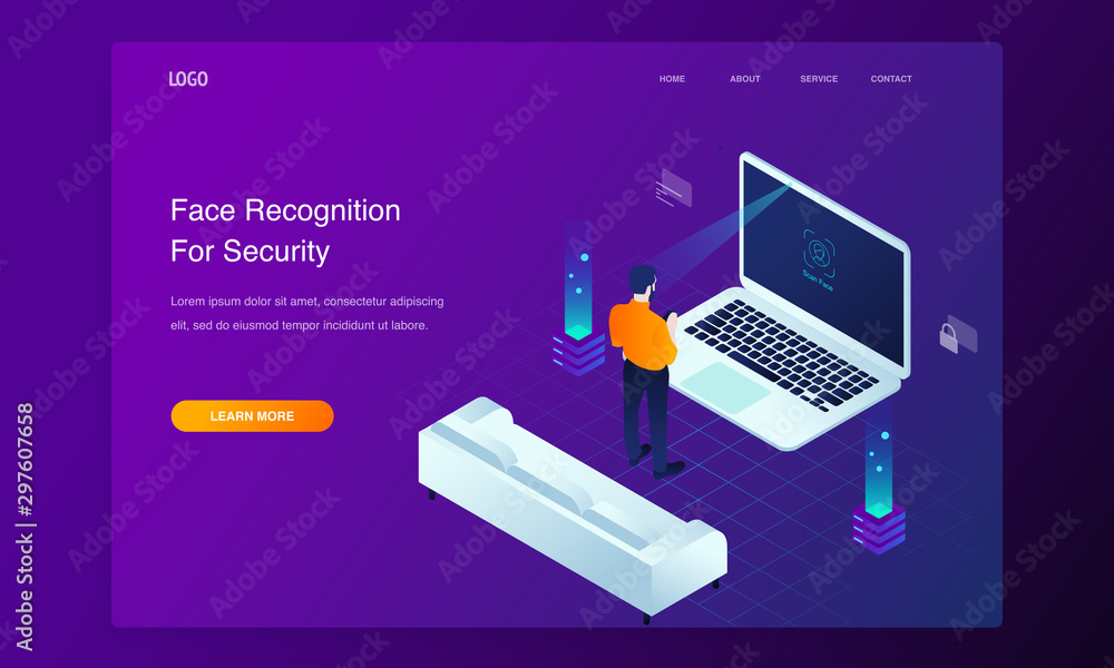 Website 3d Isometric Landing page of Face recognition on laptop concept illustration Website 3d Isometric Landing page of Face recognition on laptop concept illustration