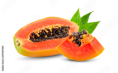 half of ripe papaya fruit with seeds isolated on white background. full depth of field