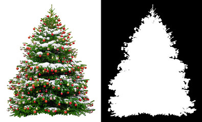 Christmas snowy tree decorated with red balls isolated on white background. Black and white mask of Christmas tree