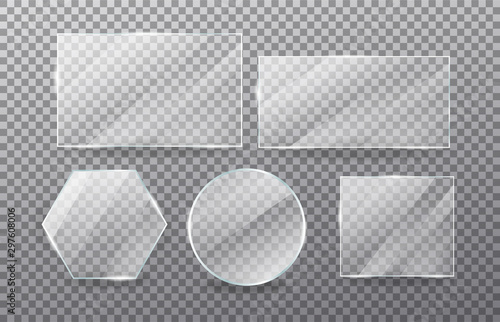 Realistic transparent glass window set. Collection of Glass plates on transparent background. Acrylic and glass texture with glares and light.  Rectangle frame. Vector. photo