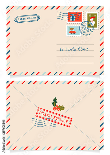 Letter to Santa Claus with stamps and postage marks. Dear santa claus mail envelope. Christmas surprise letter, child postcard with north pole postmark cachet. Postage surprised correspondence