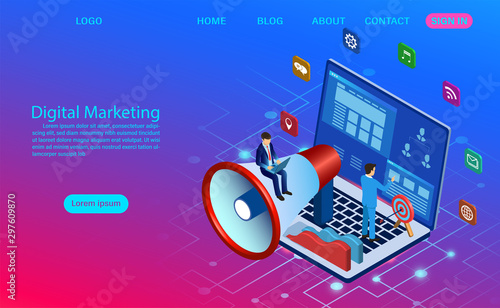 Digital marketing concept for banner and website. Business analysis  content strategy and management. digital media campaign flat vector illustration with icon