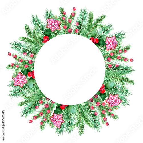 Watercolor winter christmas frame, wreath.