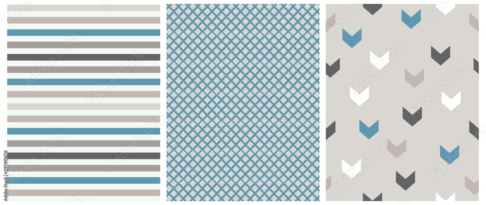 Abstract Geometric Vector Prints. Pale Blue, Brown and White Stripes, Arrows and Grid Isolated on a Light Warm Gray Background. Lovely Stripped Repeatable Vector Design. Cute Checkered Layout.