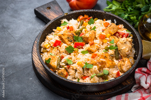 Rice with chicken and vegetables.