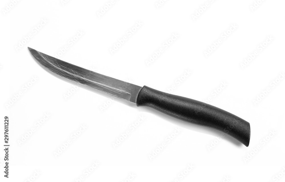 Metal knife with black handle. Close up. Isolated on white background Metal knife with black handle. Close up. Isolated on white background