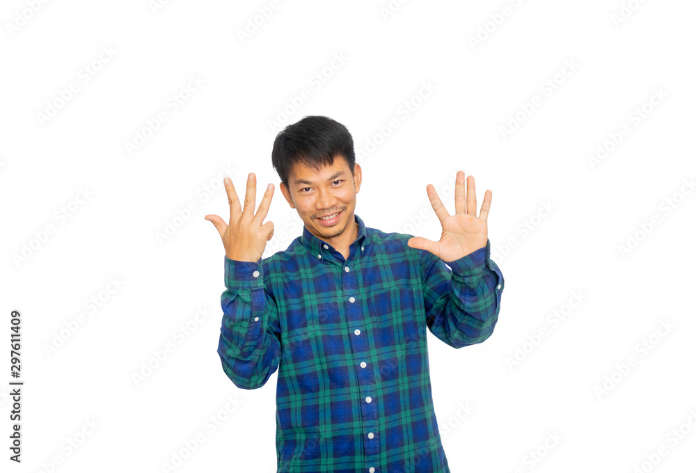 An Asian untidy man in blue plaid shirt is showing number nine symbol by his fingers.