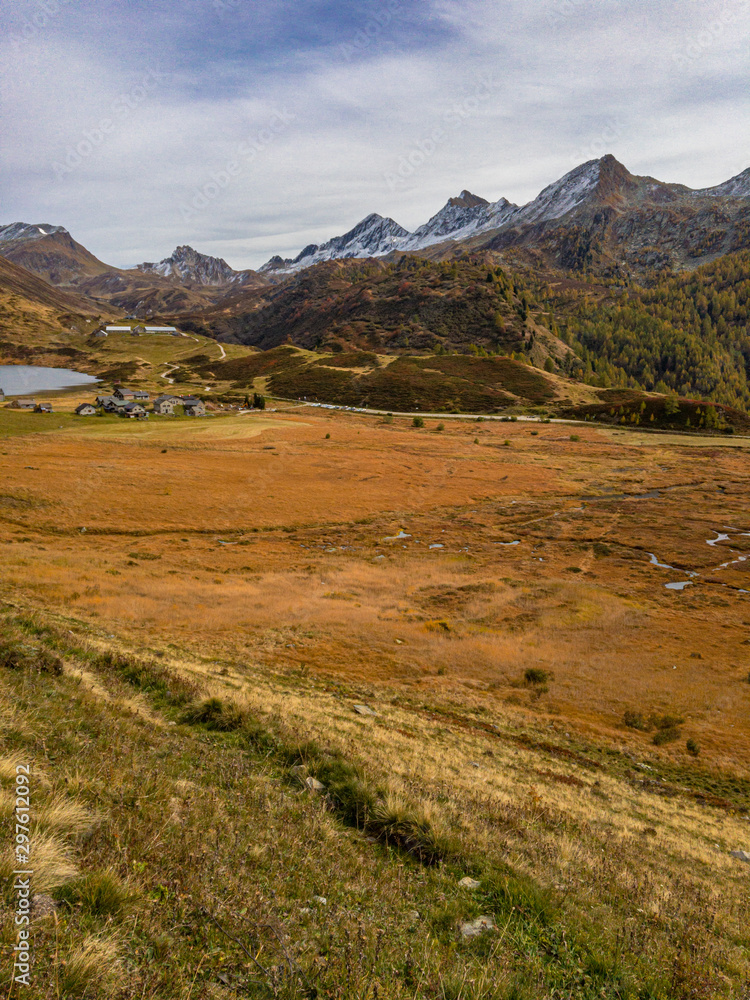 Panoramic view of the Piora region, in Switzerland, in the colors of autumn.