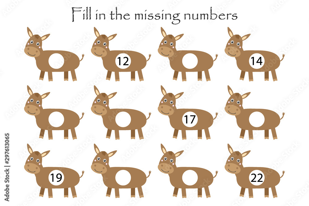 Game with donkeys for children, fill in the missing numbers, middle level, education game for kids, school worksheet activity, task for the development of logical thinking, vector illustration Game with donkeys for children, fill in the missing numbers, middle level, education game for kids, school worksheet activity, task for the development of logical thinking, vector illustration