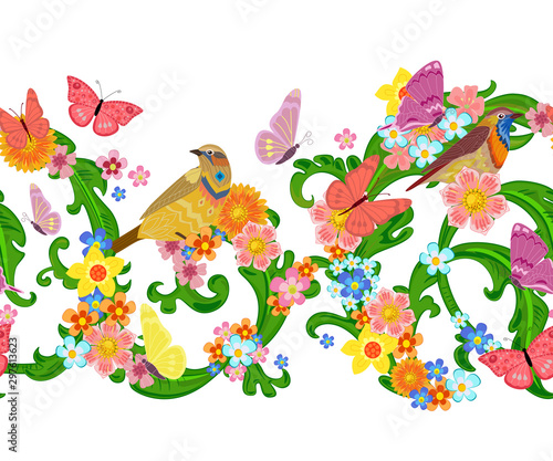 seamless vintage floral border with butterflies, birds for your