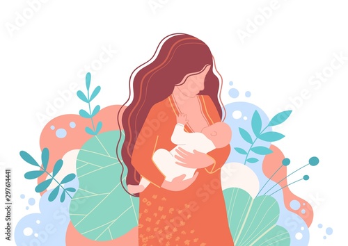 Mother breastfeeding her newborn baby. Vector illustration