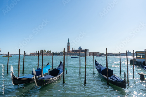 San Giorgio Maggiore church from San Marco. View, panorama with gondolas. Travel photo. Venice. Italy. Europe.