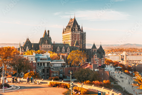 Cityscape or skyline of Chateau Frontenac, Dufferin Terrace and Saint Lawrence river at overlook in old town photo