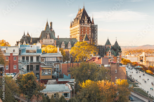 Cityscape or skyline of Chateau Frontenac, Dufferin Terrace and Saint Lawrence river at overlook in old town