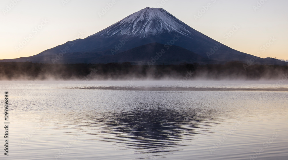 An image of Mount Fuji and Lake Shojiko on a cold morning.