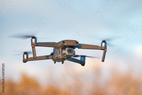 Camera drone flying outside closeup photo